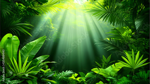 Lush green jungle scene with sunbeams penetrating the dense foliage, creating a mystical and serene atmosphere. Ideal for nature documentaries, travel brochures, or relaxation themes.