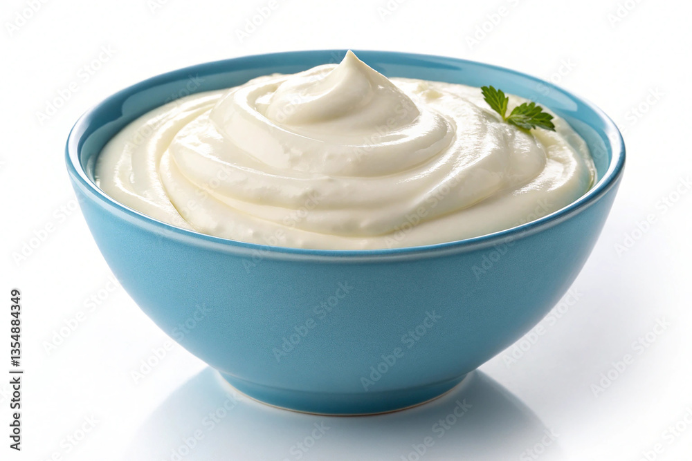Fresh Greek Yogurt in Blue Bowl Isolated on White Background Creamy and Thick Fresh Greek Yogurt in Blue Bowl Isolated on White Background Creamy and Thick