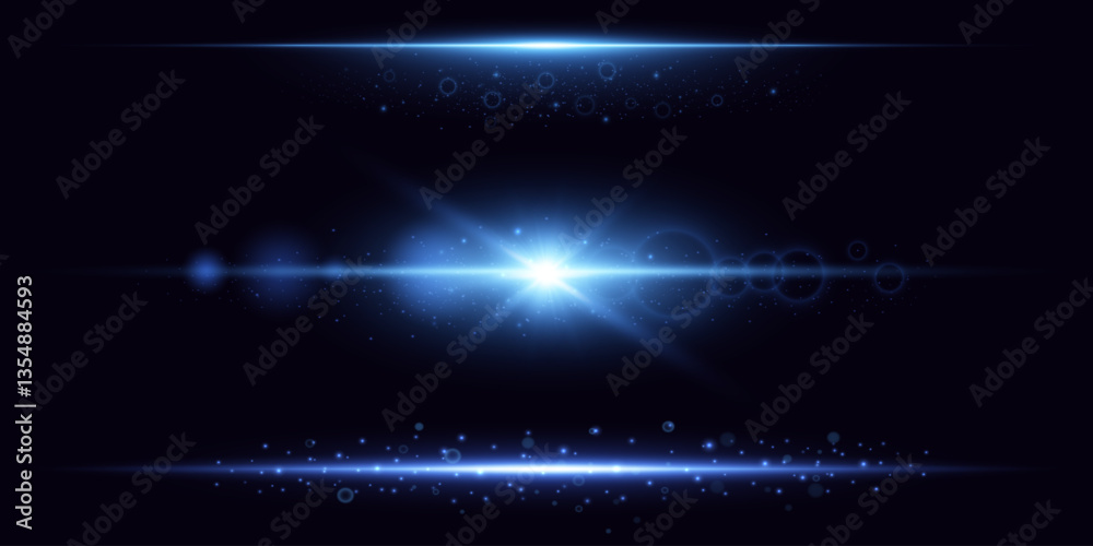 Obraz premium Collection of blue light. Lens flares. Explosion with glowing sparks. Bright flash.EPS 10 vector.