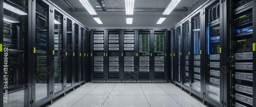 Wallpaper Mural Data center, server room, computer racks, network equipment, blue lighting, futuristic technology, high-tech infrastructure, symmetrical layout, cable management, cooling systems, reflective floor, in Torontodigital.ca