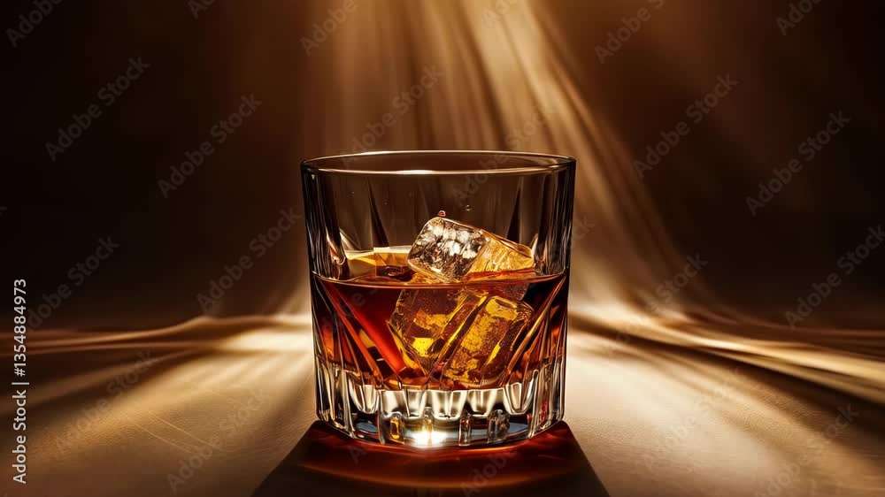 Glass of whiskey with ice cubes set against a dramatic background with warm contrast light. Luxurious style and premium concept highlight the elegance of classic whiskey beverage.