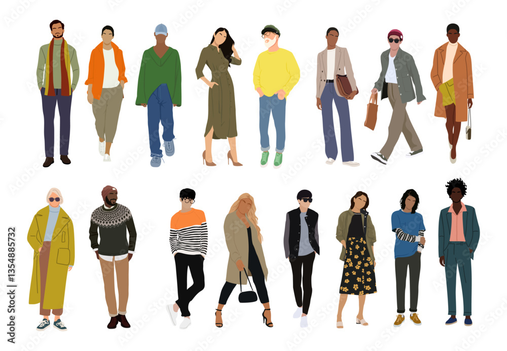 Street fashion vector illustration. Collection of stylish young women and men dressed in trendy clothes. Set of fashionable casual and formal outfits. Bundle of cute girls and men trendsetters. Street fashion vector illustration. Collection of stylish young women and men dressed in trendy clothes. Set of fashionable casual and formal outfits. Bundle of cute girls and men trendsetters.