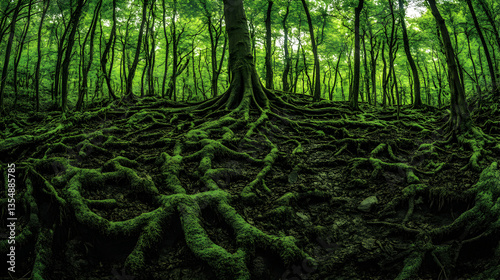 Enchanting moss-covered tree roots sprawling across the forest floor, creating a mystical and serene atmosphere.
