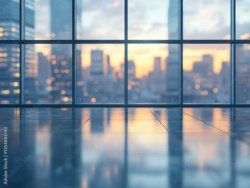 Fototapeta premium Defocused high-rise office with city skyline behind windows, sunlit floor, glass wall, corporate feeling, executive environment, clean lines, peaceful corporate space