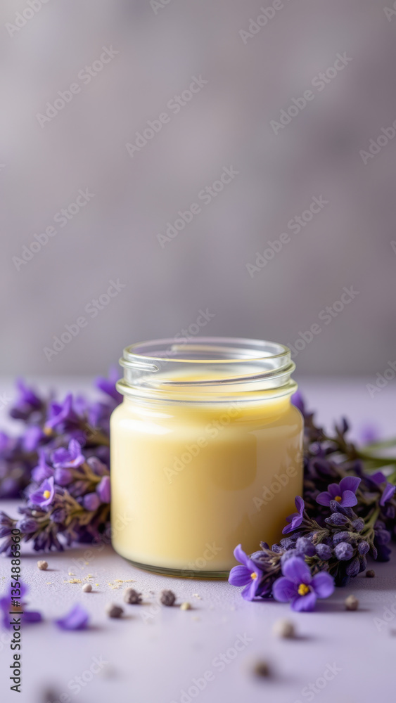 Beef tallow candle with lavender, set against a muted background for stock use.