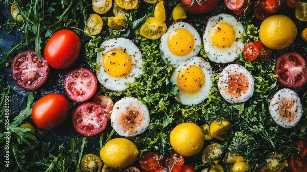 Fried eggs and fresh colorful produce arranged on a surface Fried eggs and fresh colorful produce arranged on a surface
