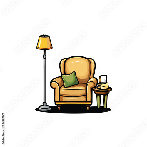A cozy reading nook plush armchair, warm lighting, open book, soft blanket, side table with teacup.  Illustrate a tranquil and inviting atmosphere.
