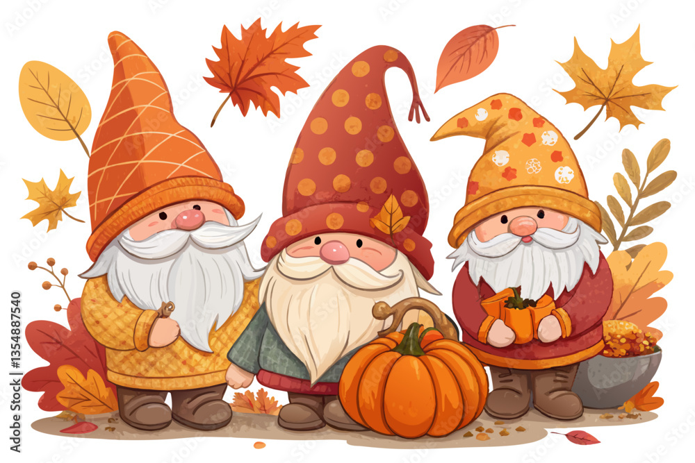Fototapeta premium Whimsical autumn gnomes adorned with seasonal elements like pumpkins, colorful leaves, and acorns, isolated on a white background. 