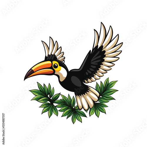 A critically endangered Sulu Hornbill (Anthracoceros montani) in flight, showcasing its vibrant plumage and distinctive casque.  High-resolution, detailed image.