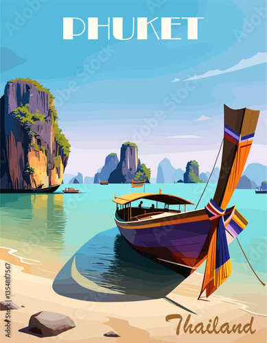 Retro travel poster of Phuket, Thailand, featuring a stunning seascape with a traditional long-tail boat, turquoise waters, and limestone cliffs, capturing the island’s tropical charm in vintage style