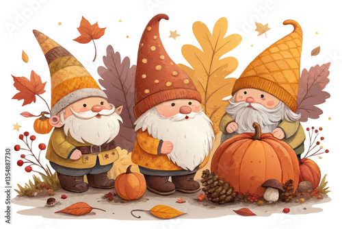 Whimsical autumn gnomes adorned with seasonal elements like pumpkins, colorful leaves, and acorns, isolated on a white background.
