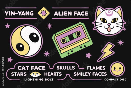 21 Retro pixel art, colorful icons, 8-bit graphics, nostalgic computer symbols, neon colors, emoji-inspired designs, cyberpunk elements, digital stickers, old-school computer aesthetics, yin-yang symb