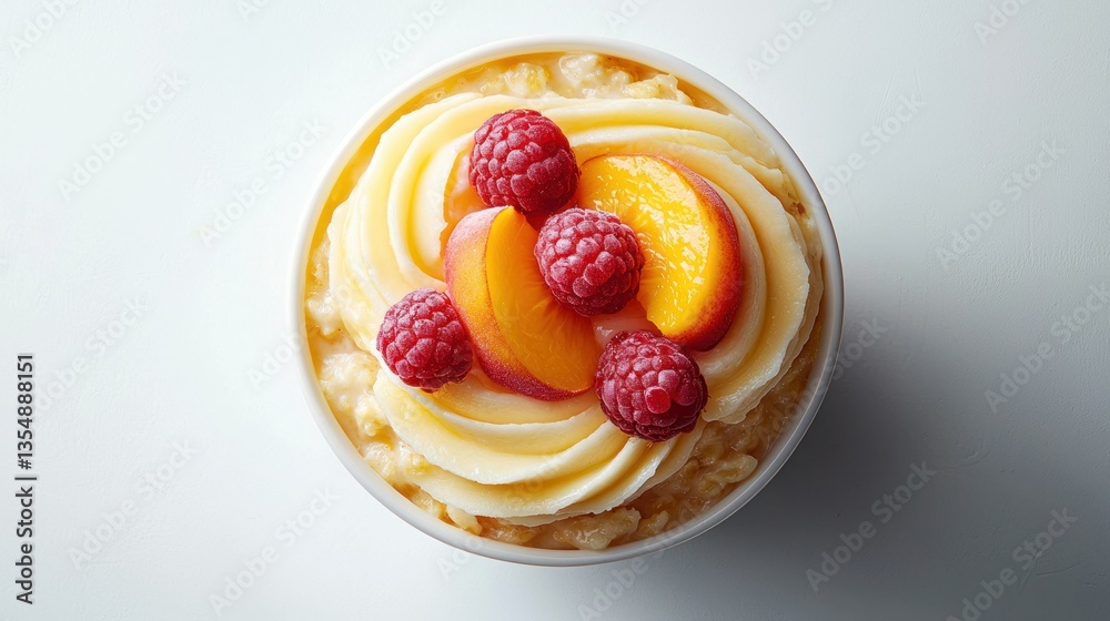Peach, raspberry oatmeal dessert, studio shot, white background, food photography Peach, raspberry oatmeal dessert, studio shot, white background, food photography