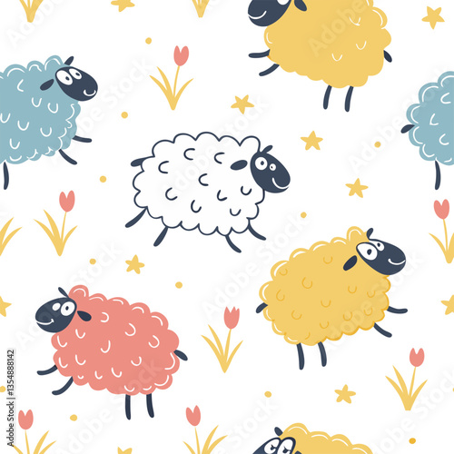 A charming seamless pattern featuring hand-drawn kawaii sheep in vibrant colors.
