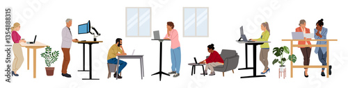 Diverse people working at contemporary workspace. Business Man, woman at modern area with ergonomic furniture, computers. Modern coworking open space. Vector illustration isolated