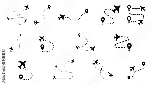Airplane Route Icons Set - Flight Path Dotted Line Vector