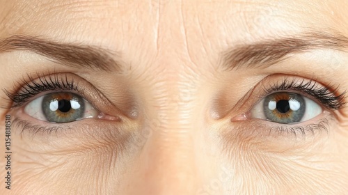Mature female face featuring deep set wrinkles, revealing natural skin aging and emotional life experience through weathered facial lines