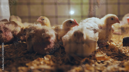 Newborn chicks nestling close together, huddling for warmth amid soft wood shavings, revealing delicate vulnerability
