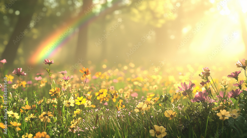 Fototapeta premium A dreamy rainbow arching over a field of wildflowers, soft sunlight casting a gentle glow on the scene, creating a whimsical and serene atmosphere