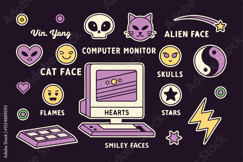 21 Retro pixel art, colorful icons, 8-bit graphics, nostalgic computer symbols, neon colors, emoji-inspired designs, cyberpunk elements, digital stickers, old-school computer aesthetics, yin-yang symb
