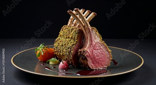 Rack of Lamb with herbs and garnish on elegant plate for culinary websites, fine dining menus, food blogs, recipe collections, and gourmet cooking instructional content