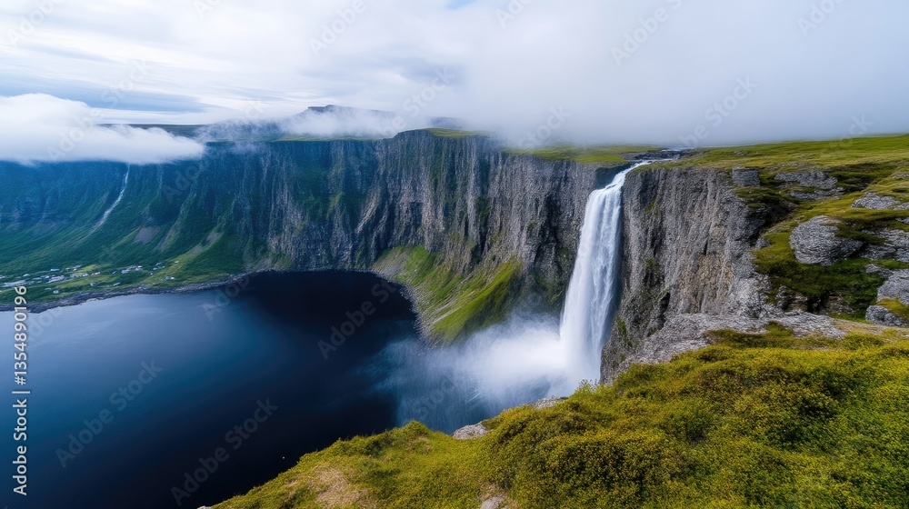 Dramatic waterfall cascading over a cliff face, plunging into a deep lake, surrounded by dramatic mountains and lush greenery. A tranquil and powerful landscape Dramatic waterfall cascading over a cliff face, plunging into a deep lake, surrounded by dramatic mountains and lush greenery. A tranquil and powerful landscape