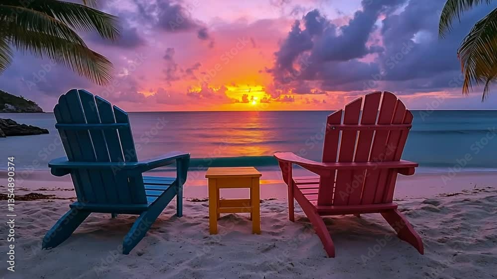 Colorful beach chairs at sunset on tropical island; perfect for travel and vacation; idyllic moment Colorful beach chairs at sunset on tropical island; perfect for travel and vacation; idyllic moment