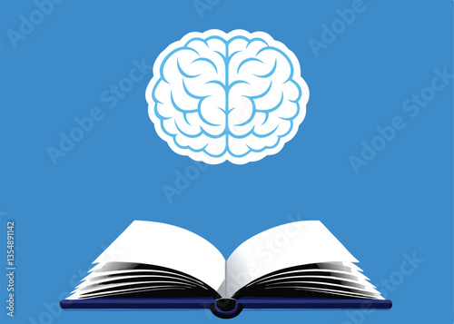Surreal illustration A book with a human brain levitating above it, symbolizing the power of knowledge and intellect.