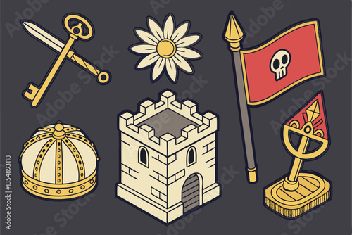 22 Fantasy game icons, colorful 3D renders, medieval and magical symbols, treasure hunt elements, pixel-perfect isometric style, gold crown, magic wand, mystical potion, ancient scroll, crossed swords
