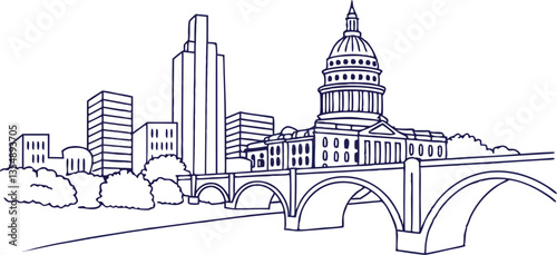 Austin skyline, showcasing the Texas State Capitol and iconic bridges in a clean, continuous-line style.