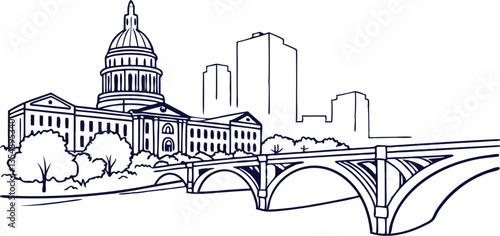Austin skyline, showcasing the Texas State Capitol and iconic bridges in a clean, continuous-line style.
