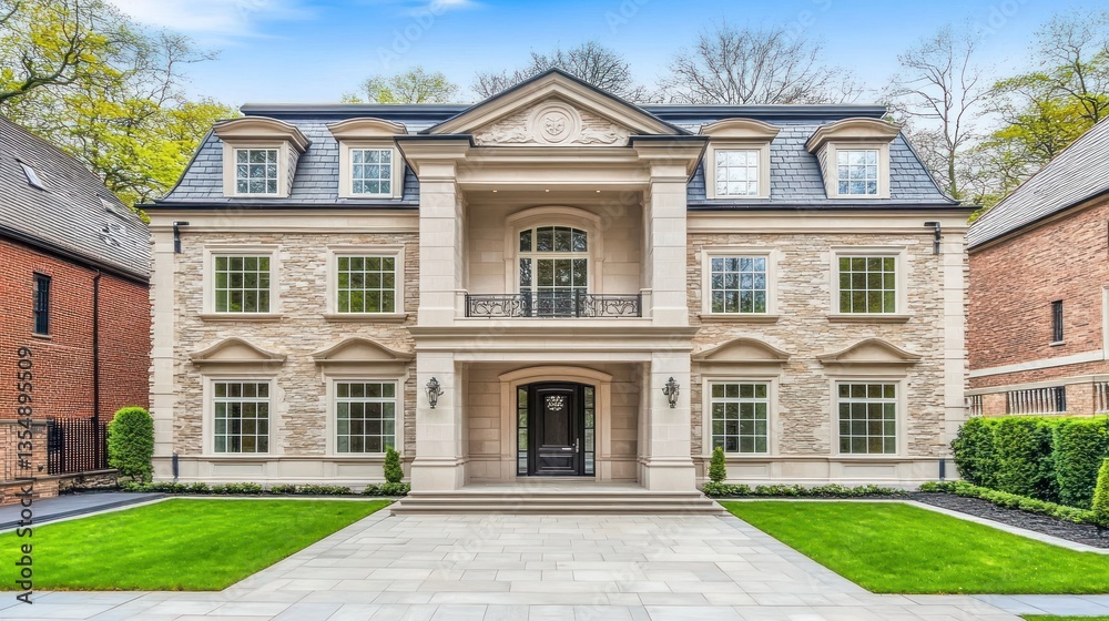 A large and elegant stone house with multiple windows visible A large and elegant stone house with multiple windows visible