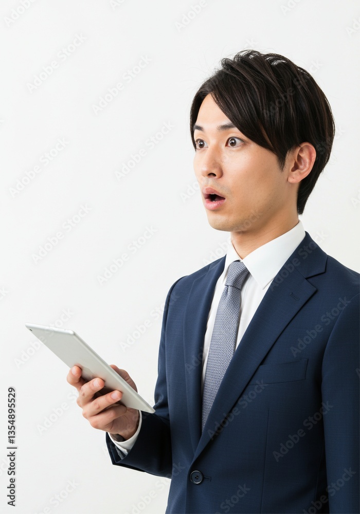 handsome young man holding tablet with shocked face wearing office clothes . working as office worker handsome young man holding tablet with shocked face wearing office clothes . working as office worker