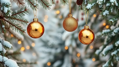 golden ornaments suspended in air amidst snowy fir foliage, Christmas, scene, gold
