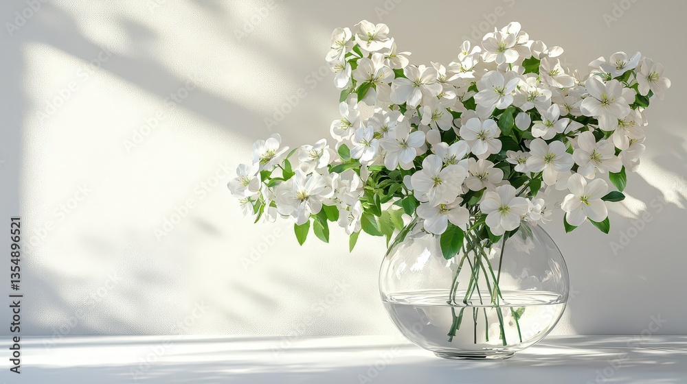 Fototapeta premium Elegant glass vase filled with fresh white flowers, creating a soft contrast against a smooth white backdrop.