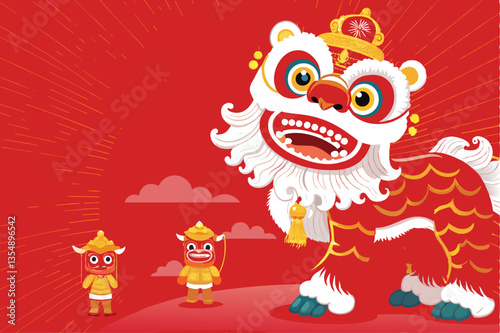 Vibrant image of a Chinese lion dance performance featuring a large, colorful lion; capture the energy and skill of the dancers.