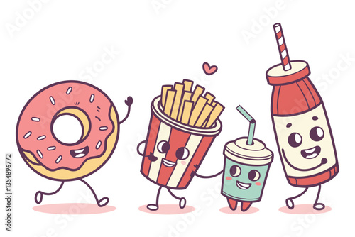 23 Cartoon food characters, anthropomorphic beverages and snacks, cute fast food mascots, smiling drink cups, happy donut, cheerful coffee mug, friendly soda bottle, whimsical food illustration, color
