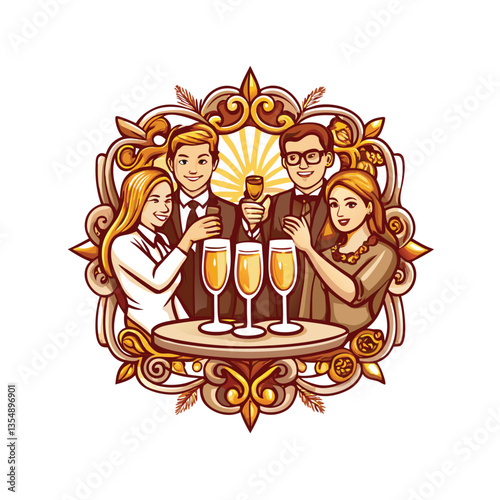 Joyful friends clinking glasses, celebrating New Year's Eve with sparkling drinks and festive smiles.