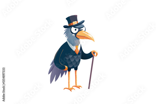 A grumpy, anthropomorphic cartoon crow wearing a monocle, holding a soda can, perched on a branch.  Detailed feathers, expressive eyes.