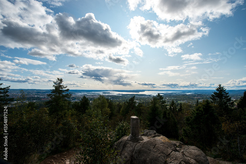 Canvas Print View from the top of the mountain Vettakollen into the Fjord of Oslo in Norway