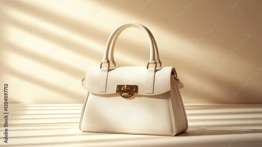 Fototapeta premium A white leather handbag is presented under sunlit window shadows