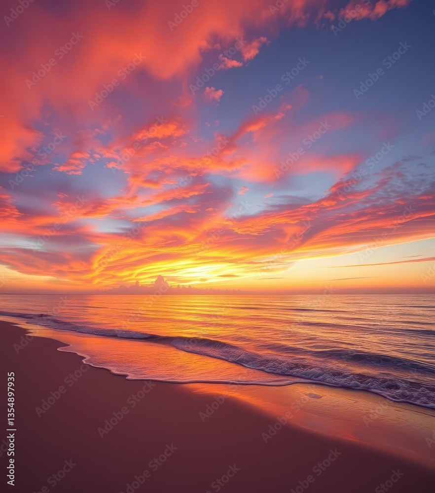 Obraz premium Sunset paints the sky vibrant hues over a tranquil beach, gentle waves lapping the shore, postcard, peaceful