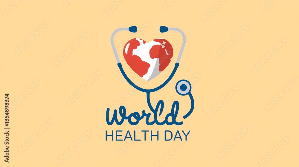 World Health Day graphic with stethoscope and globe heart. World Health Day graphic with stethoscope and globe heart.