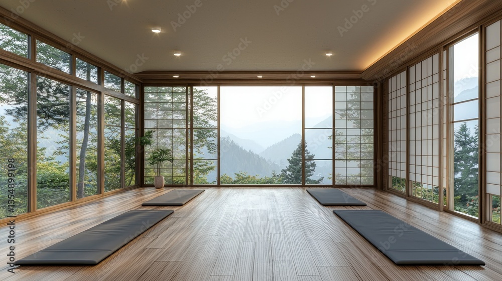 Obraz premium Peaceful yoga studio with mountain views