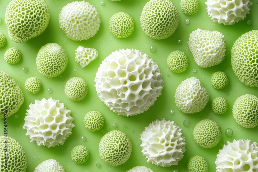 A vibrant collection of spherical shapes with intricate patterns, set against a green background, resembling microscopic organisms or cellular structures. A vibrant collection of spherical shapes with intricate patterns, set against a green background, resembling microscopic organisms or cellular structures.