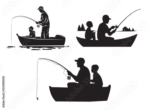 Father fishing with his son vector silhouette design on white background