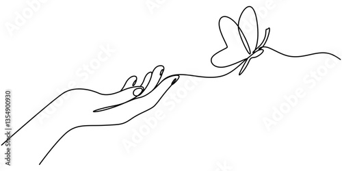 Continuous one single minimal line drawing butterfly, Single continuous line drawing a hand perched butterflies. The balance of human nature with animals. Balanced sustainability. Mutualism. Zero.