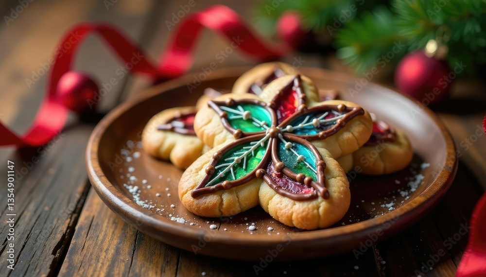 Fototapeta premium Decorated stained glass cookie on a wooden plate with a festive ribbon, stained glass