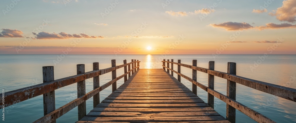 Obraz premium A wooden dock extending into the calm ocean sunset landscape