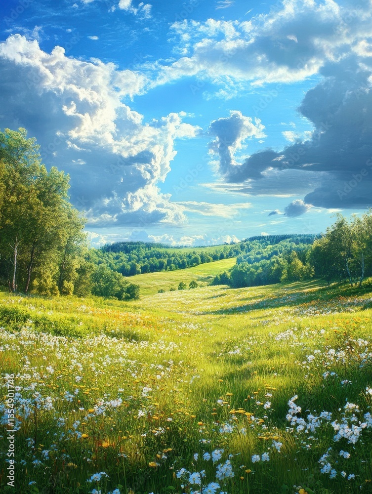 Naklejka premium Serene Meadow Landscape under Idyllic Skies
